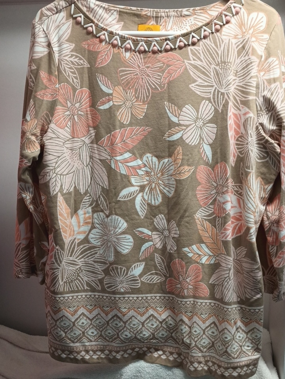 Ruby Rd. Floral Bead-Accented Tunic Top | Beige, Blush & Blue | XL